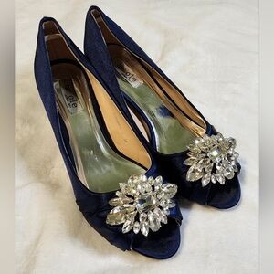 SheSole Navy Blue Peep-Toe Heels with Crystal Embellishments, EUC, Size 7